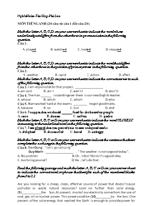 Đề thi tuyển sinh vào Lớp 10 THPT môn Tiếng Anh - Năm học 2018-2019 - Nghĩa Hoàn (Có đáp án)